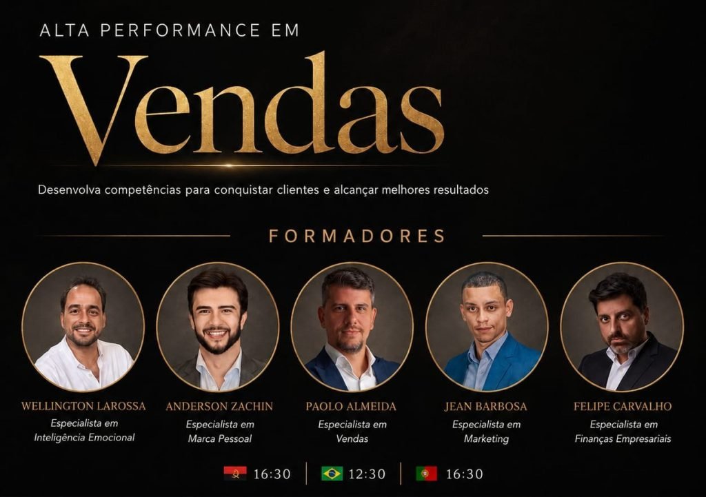 Cartaz do programa Alta Performance em Vendas da STRATUM Executive Academy, com os cinco formadores: Wellington Larossa, Anderson Zachin, Paolo Almeida, Jean Barbosa e Felipe Carvalho, e os horários de transmissão em Angola, Brasil e Portugal.